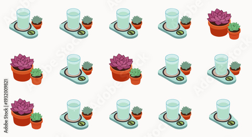 Isometric illustration grid displaying potted succulents and a glass of water. A repeating pattern symbolizing plant care, hydration, and minimalist home decor.