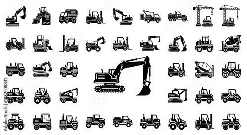 a comprehensive collection of heavy construction machinery icons perfect for industrial vehicle and building equipment design.