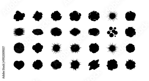 abstract black shapes ink blobs and grunge brush strokes set isolated on white for versatile graphic design elements.
