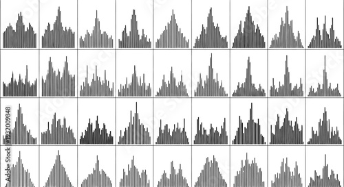 abstract grid of bar charts and histograms displaying data frequency distributions for statistical analysis and information visualization concepts.