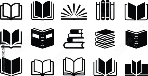 Open book and stacked textbook silhouette icon set featuring reading, education library symbols isolated for publishing design vector projects