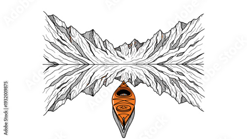 Kayak reflection adventure with majestic mountains and serene lake in line art style