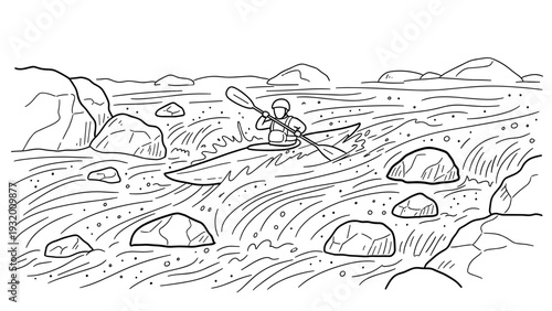 Adventurous kayaking in rapid river with rocks and waves