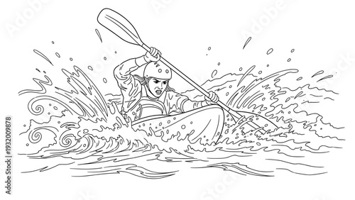 Dynamic line art of kayaker navigating rapids with intense focus and energy