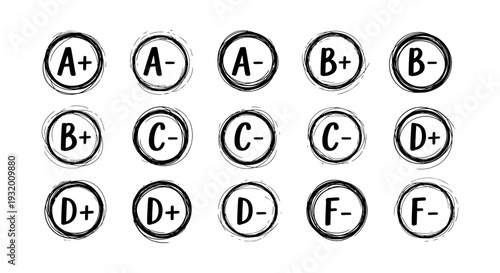 academic grades grid showing student performance from a to f- represented in hand-drawn circles for educational evaluation.
