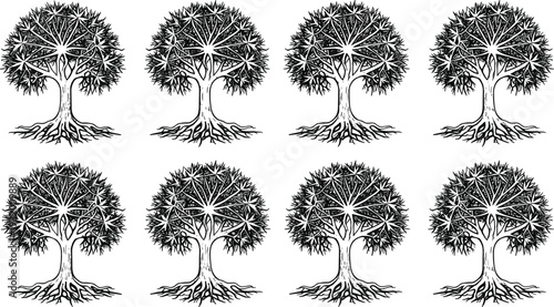 Black and white stylized silhouette illustration of French fries containers and individual fries arranged as a puzzle, perfect for food, logic, and design purposes