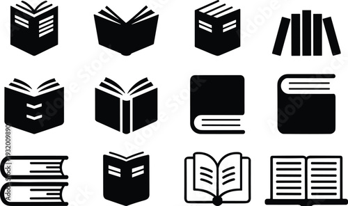 Reading book silhouette icon set featuring open books, stacked textbooks and library education symbols isolated for vector design projects