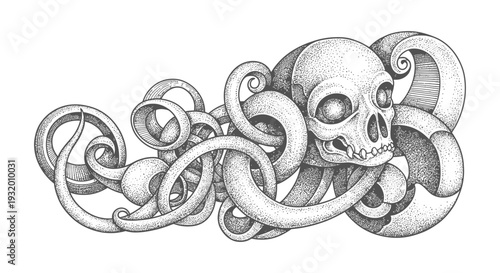 intricate vintage-style skull and octopus tentacles entwined a dark fantasy stippling art illustration for gothic design