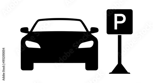 parking icon featuring a front view car and a p sign perfect for vehicle parking area designation and automotive navigation.