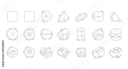 set of isometric technical drawings illustrating geometric shapes architectural forms and packaging with dimensions.