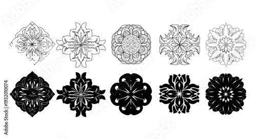 symmetrical ornamental designs illustrating abstract floral patterns ideal for graphic design elements logos and intricate vector art