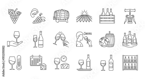 wine production and tasting line icons illustrating the complete winemaking process and beverage culture elements for design.