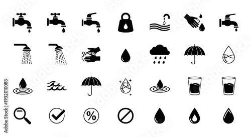 water icons set illustrating concepts of consumption conservation rain and hydration perfect for design and educational resources.