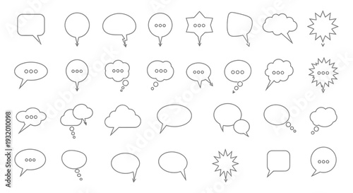 a collection of outline speech bubble and thought bubble vector icons for modern communication and dialogue ui design