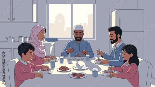 muslim family breaking fast together at iftar sharing a meal at their dining table during ramadan