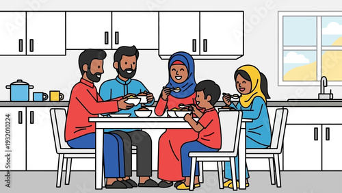 multi-generational muslim family happily enjoying a shared meal in their bright modern kitchen depicting togetherness.