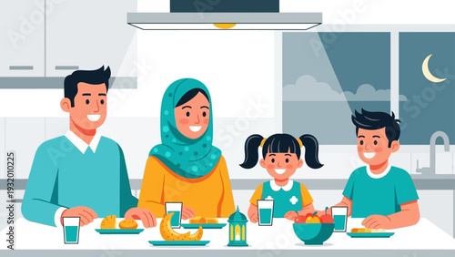 muslim family enjoying iftar meal together at home during ramadan with parents and children smiling while breaking their fast at night.