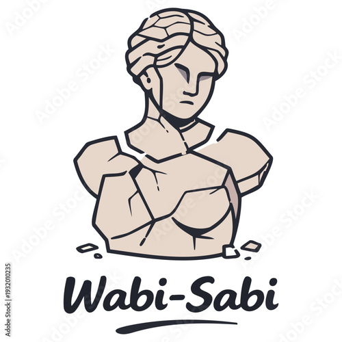 Illustration of a cracked ancient statue bust with a sad expression and broken pieces around it