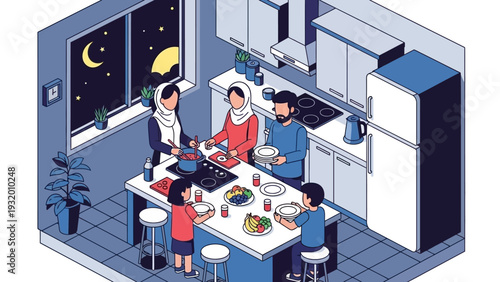muslim family preparing ramadan iftar meal in a modern kitchen at night with parents and children sharing kitchen duties.