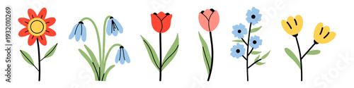 Vector set of cute spring flower. Playful floral collection with daisy, snowdrop, tulip, wildflower and yellow blossom. Illustration for kids design, card, poster, packaging and nursery decor.