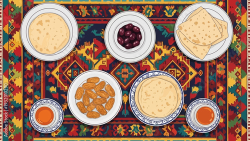 traditional middle eastern breakfast spread with flatbread dates olives and tea on a colorful patterned rug perfect for ramadan iftar