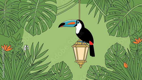 vibrant tropical toucan perched on a hanging lamp surrounded by lush green jungle leaves and exotic flowers a serene natural illustration.