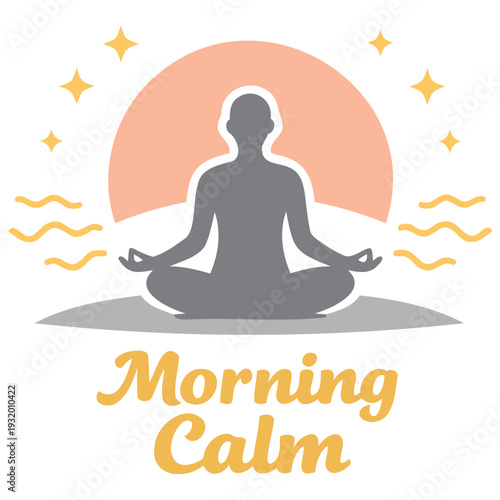 Illustration of a person meditating calmly in a serene morning setting with sunrise and peaceful waves