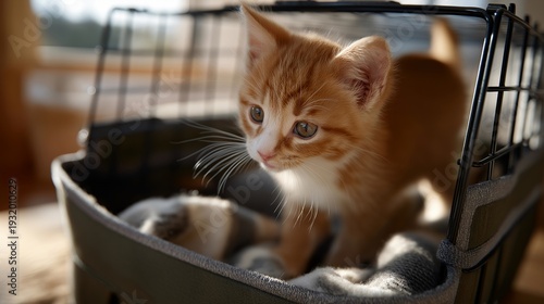 Kitten being introduced to a travel carrier for the first time with treats and familiar blanket inside, perfect for pet travel training concept, carrier introduction, kitten transport preparation,