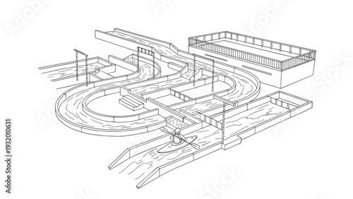 Linear water park concept with lazy river and swimming pool in outline design