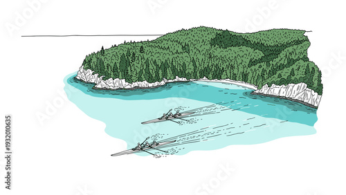 Canoeing adventure in scenic bay with lush green forests