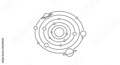 A simple line drawing depicts a celestial model of orbiting bodies around a central core