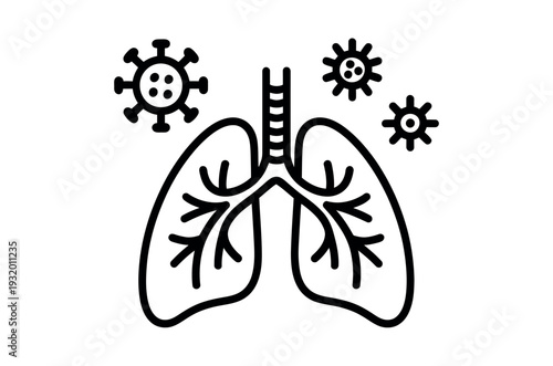 A medical illustration of lungs with viruses, representing respiratory health and disease.