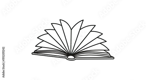 Outline drawing of an open book with fanned pages, against a plain white background