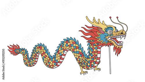 Colorful mythical dragon with vibrant scales and fierce expression