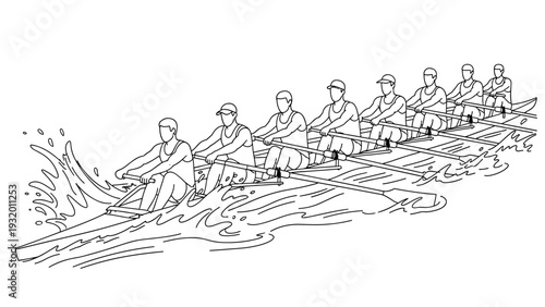 Team rowing in unison on water: linear drawing of eight rowers
