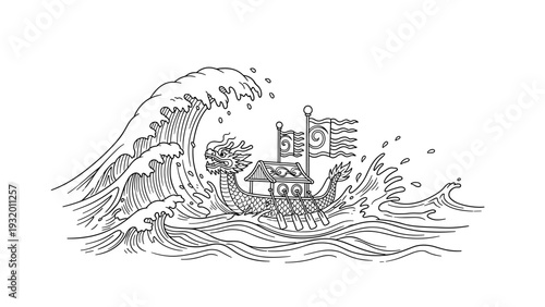 Intricate dragon boat riding waves in hand-drawn line art style