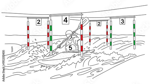 Kayaking adventure in white water slalom - line art design