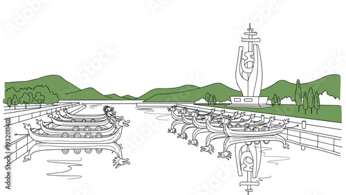 Linear dragon boat dock scene with green hills and monument background