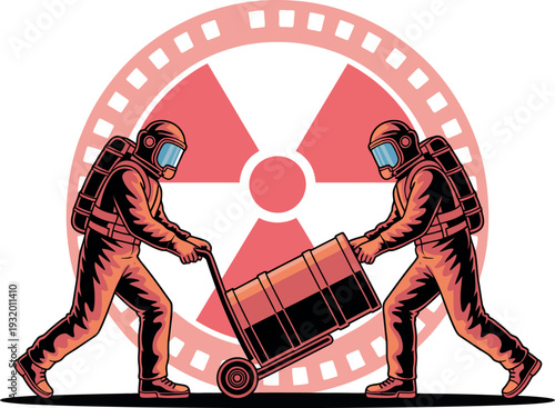 Two hazmat workers in protective suits pushing a cart with a container in front of a radiation symbol