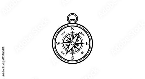A black and white, circular compass rose on white. Shows directional points