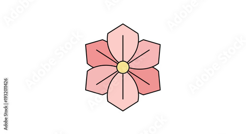A stylized, six-petaled flower illustration with varying shades of pink and a yellow center