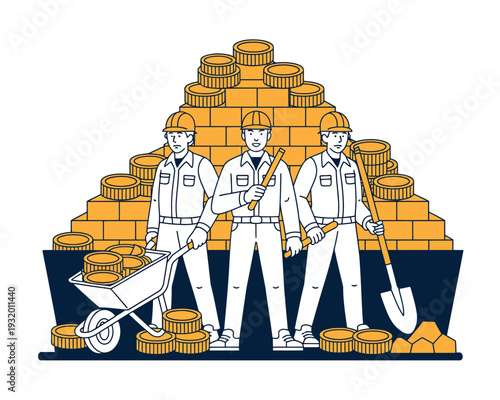 Three construction workers standing in front of a large pile of gold coins