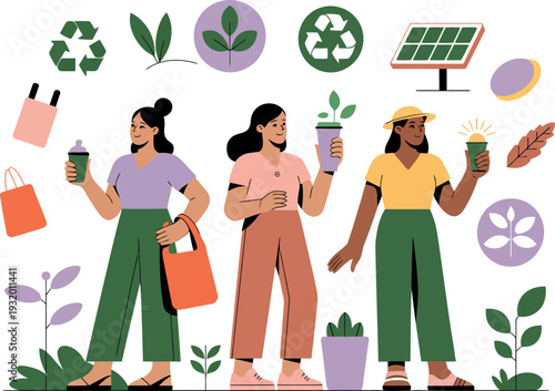 Three women promoting eco-friendly lifestyle with reusable bags and cups surrounded by recycling symbols and plants