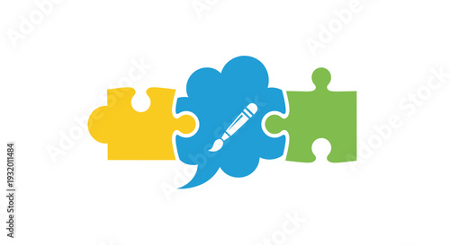 Abstract graphic of puzzle pieces yellow, green, and a blue speech bubble with a brush