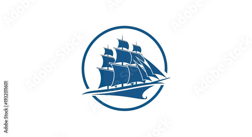 A stylized blue sailing ship graphic, encompassed by a blue circle, on a white background