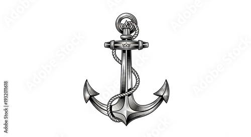 A detailed grayscale illustration of a classic anchor with rope, and a crown element