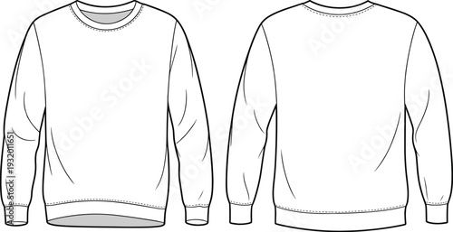Blank crewneck sweatshirt front and back view template, cad drawing flat vector illustration for apparel fashion design mockup