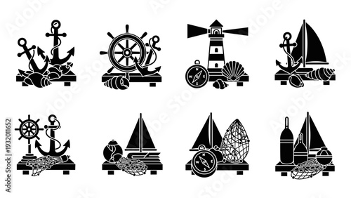 Nautical icon set featuring lighthouse, anchor, and sailboat in silhouette style