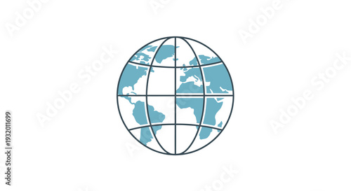 A simple illustration of the globe, showing continents in blue, framed by black lines, on white