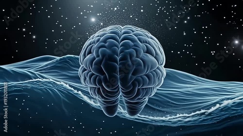 Detailed three dimensional rendering of a human brain immersed within dark, turbulent water.